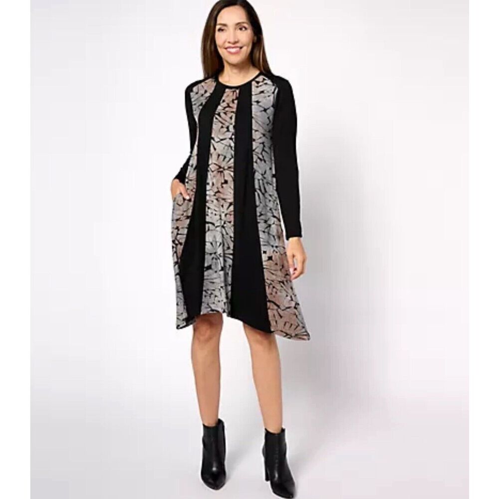 LOGO Lori Goldstein Dress Petite Large Black Long Sleeve Knit Pieced Jacquard